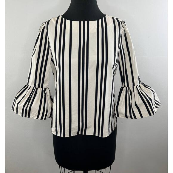 Alice + Olivia White Black Stripe Ruffle Sleeve Back Zip Cotton Bernice Blouse S - Picture 1 of 9